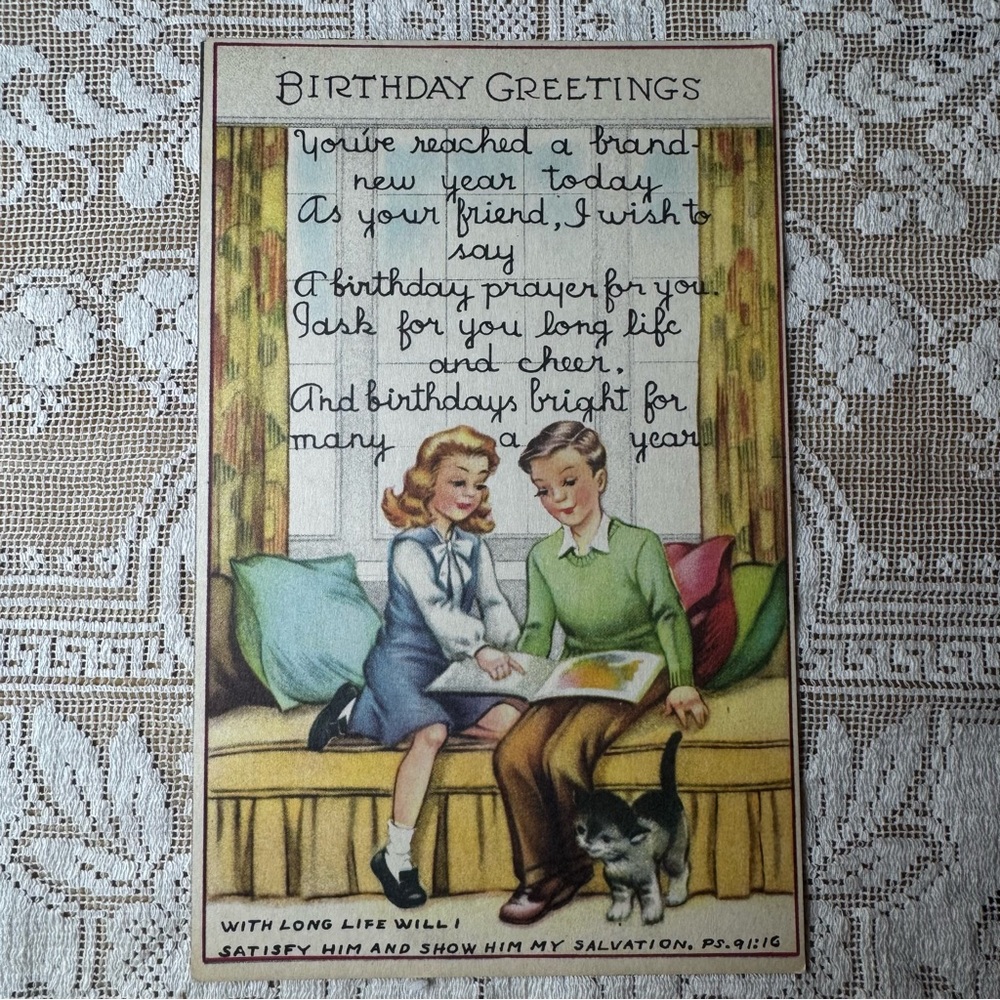 Vintage Birthday Greetings Postcard Children Reading Kitten Religious Verse 1940